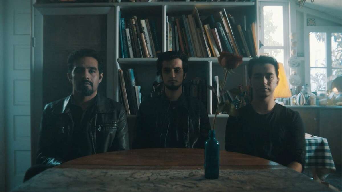 Oakland-based Afghan band Kabul Dreams--l-r bassist Siddique Ahmed, guitarist and singer Sulyman Qardash, and drummer Raby Adib--in a scene from "Radio Dreams," opening at Bay Area theaters on Friday, May 19. Photo courtesy of Matson Films.