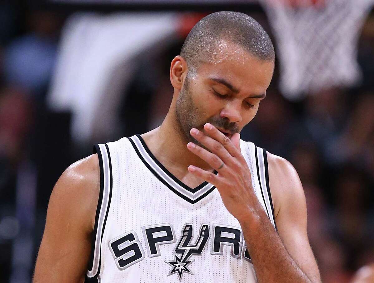 Tony Parker of the Spurs reacts against the Houston Rockets during Game 2 at the AT&T Center on May 3, 2017 in San Antonio. Parker will be out six to eight months with a torn quadriceps tendon.