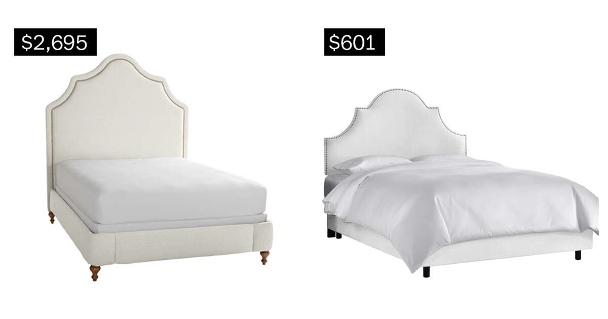 Pondicherry bed with natural brass nailhead finish, dark walnut legs and Belgian linen in Oyster, king (serenaandlily.com), left; Skyline Furniture high-arch nail button bed in white velvet, king (themine.com). (