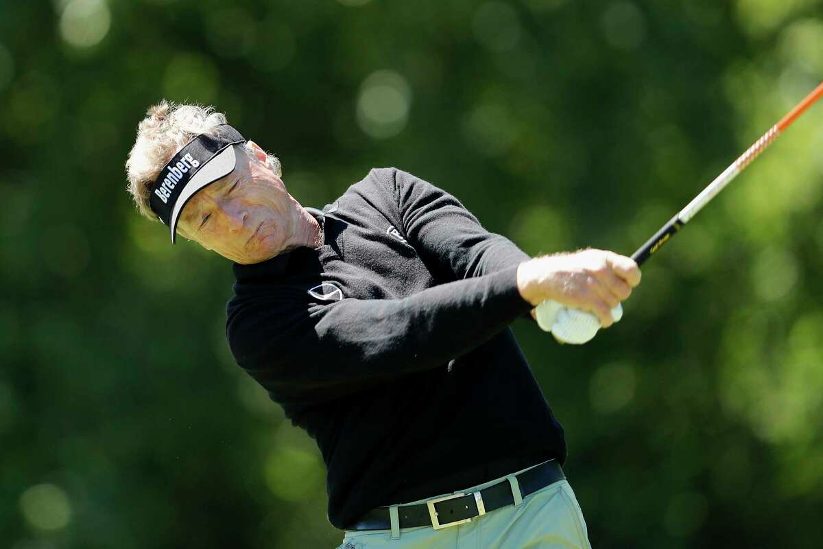 Bernhard Langer hits a tee shot on the seventh hole during the Woodforest National Bank Championship Pro-Am before the Insperity Invitational Golf Tournament at the Woodlands Country Club Tournament Course on Thursday, May 4, 2017, in The Woodlands, TX.