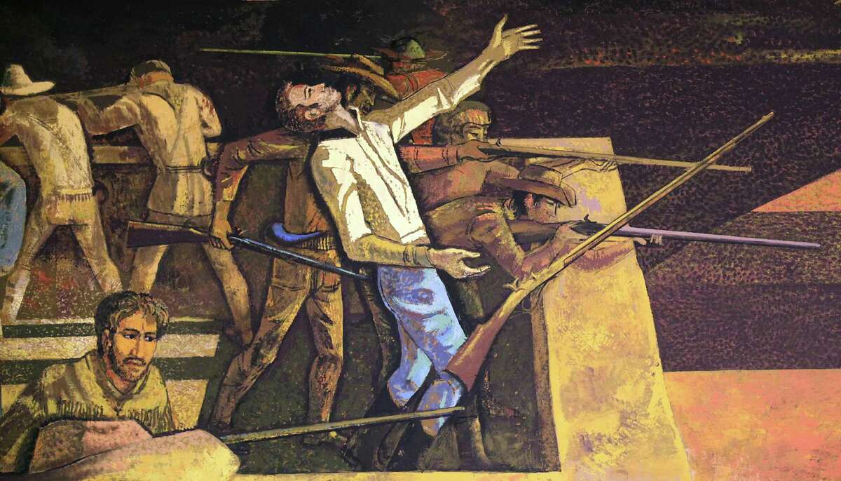 The old Travis Bank Building at 501 N. Main Ave. had a mural-size painting inside, depicting the Battle of the Alamo, in a work by Millard Sheets titled, “The Death of Travis.” After the building closed, the mural’s eight canvas panels were taken down and placed in storage in 2011.