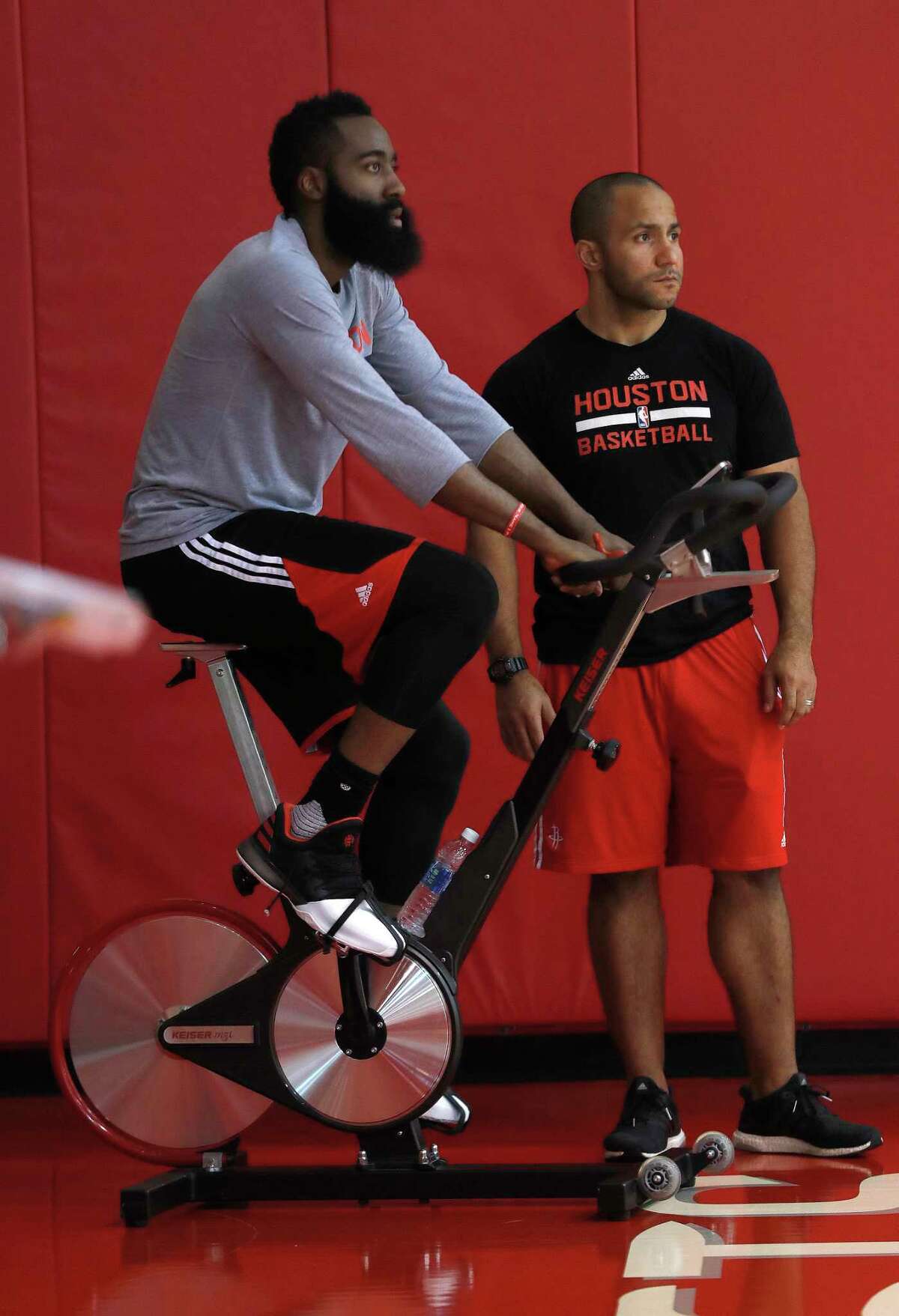 Point guard James Harden goes for a spin during the Rockets' shootaround Thursday at Toyota Center, site of the next two games against the Spurs.