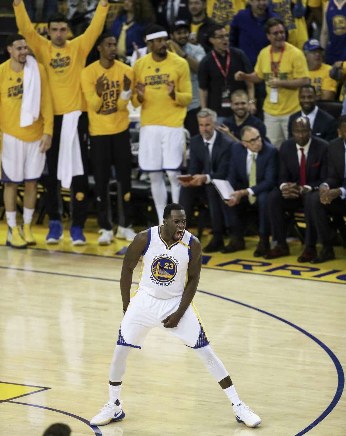 Golden State Warriors' Draymond Green reacts after hitting a three-pointer in the first quarter during Game 2 of the Western Conference Semifinals 2017 NBA Playoffs at Oracle Arena on Thursday, May 4, 2017 in Oakland, Calif.