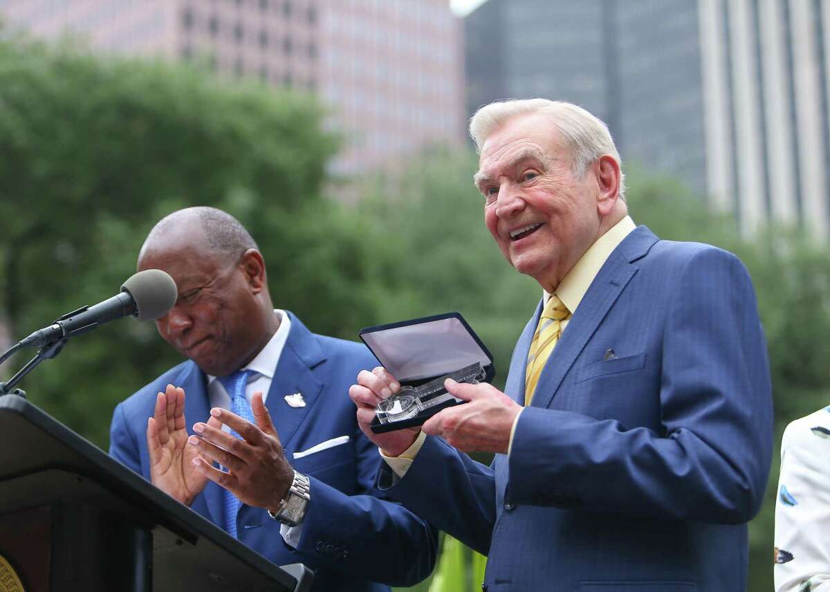 Dave Ward receives a key to the city from Houston mayor Sylvester Turner during a celebration at City Hall, Wednesday, May 3, 2017, in Houston.