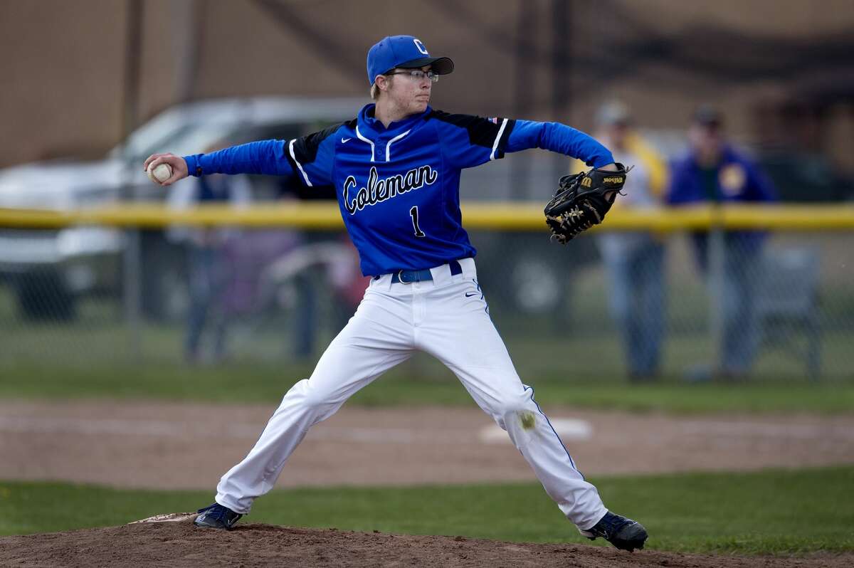 Coleman's Tayven Cottrell prepares to pitch in the third inning of the Friday afternoon game against Breckenridge. Breckenridge defeated Coleman 10-4 in the first game.