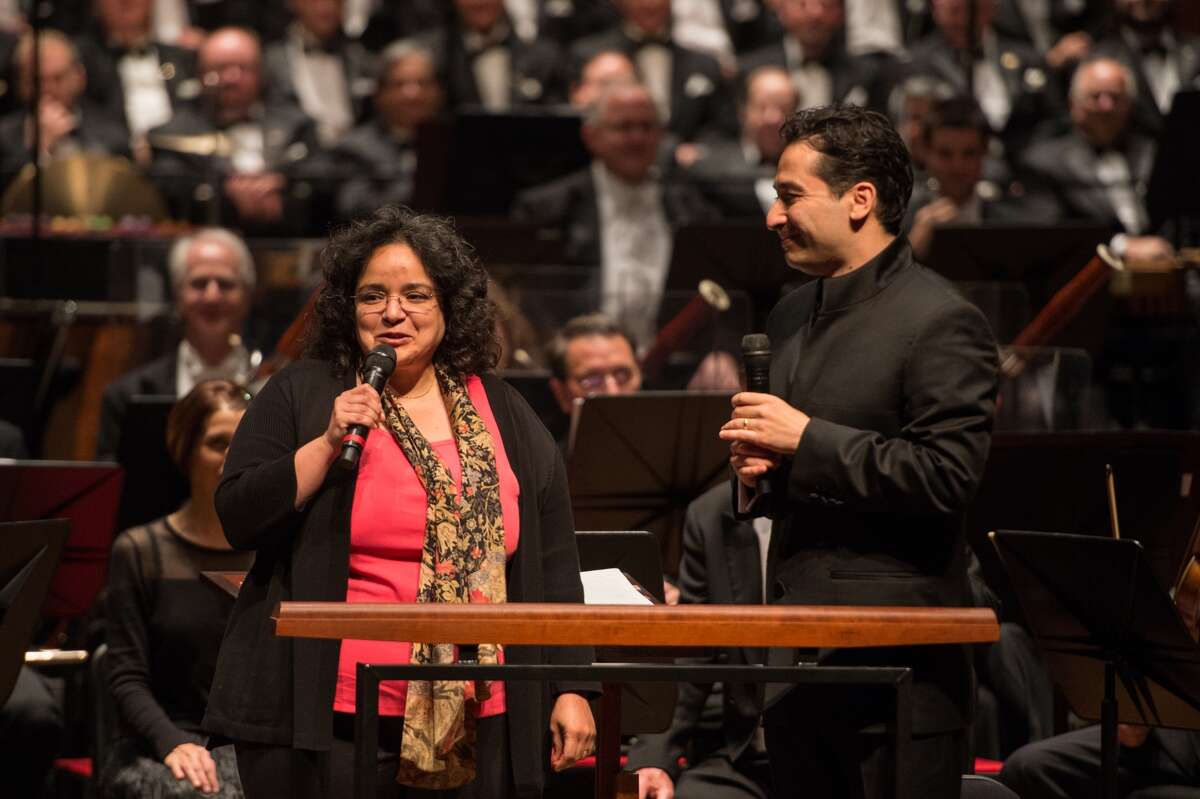 Gabriela Lena Frank, left, with Andrés Orozco-Estrada during the Houston Symphony's May 5 premiere performance of Frank's "Conquest Requiem."