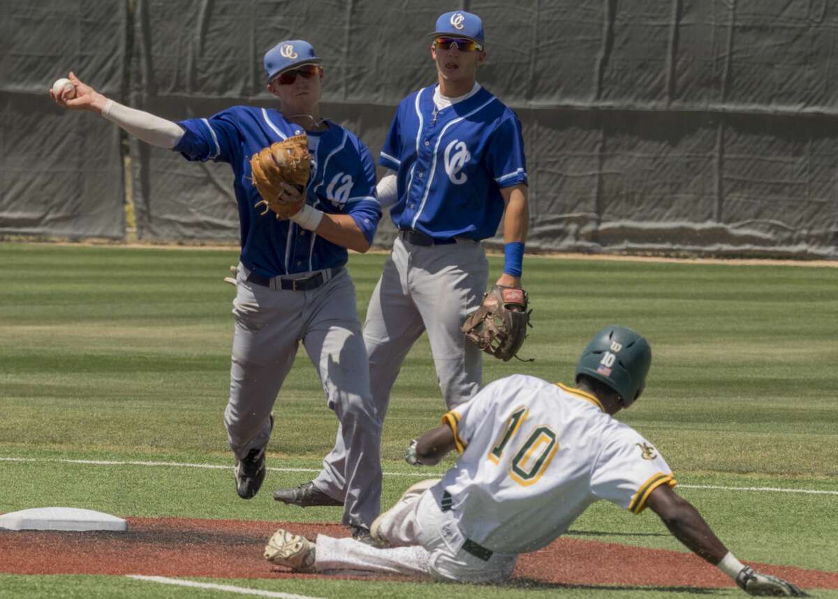 Odessa College's Mason Hibbler gets the force out at second on Midland College's Eric Senior 5/06/17 and makes the throw to first for the double play at Christensen Stadium. Tim Fischer/Reporter-Telegram