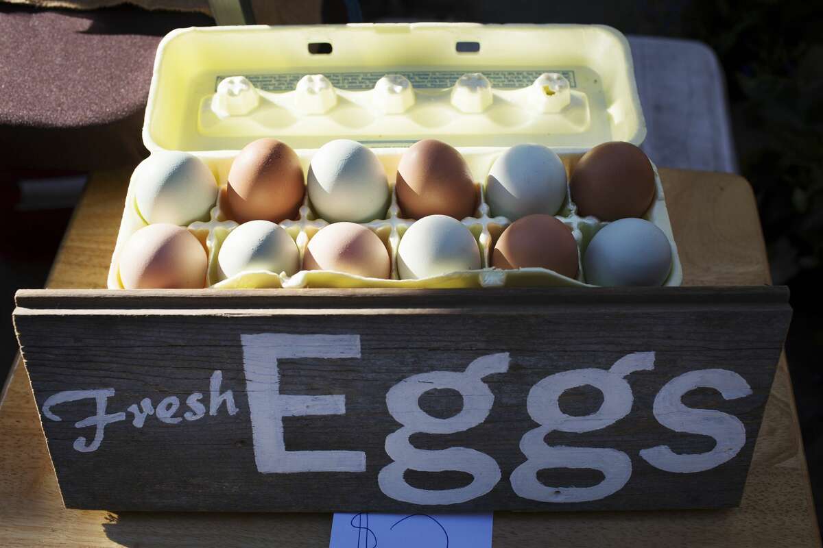 Farm fresh eggs on sale for three dollars a dozen during the Midland Farmers Market opening day on Saturday.
