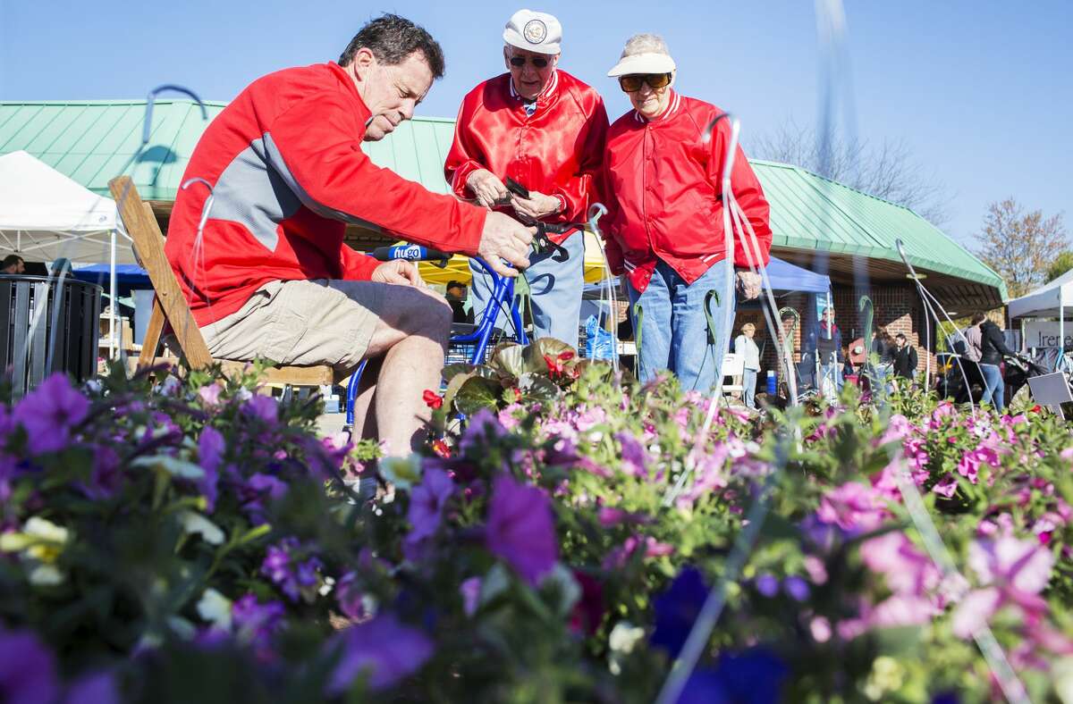 Mark Wurtzel, of Wurtzel's Greenhouse in Saginaw, assists Martin Preuss, and Elaine Preuss, of Midland with a selection of begonias during the Midland Farmers Market opening day on Saturday. "They come every year," said Wurtzel."