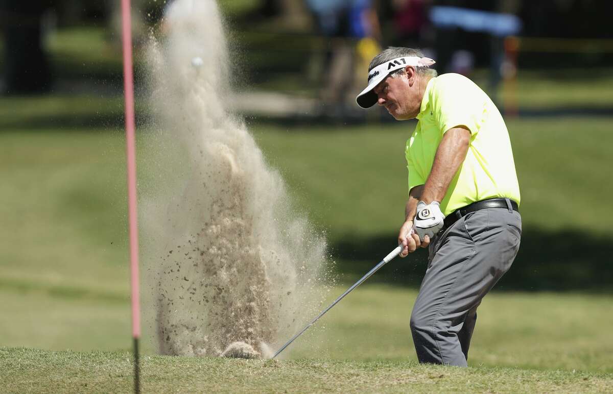 Paul Goydos plays from a green side bunker on the 15th hole during the second round of the Insperity Invitational Golf Tournament at the Woodlands Country Club Tournament Course on Saturday, May 6, 2017, in The Woodlands, TX.