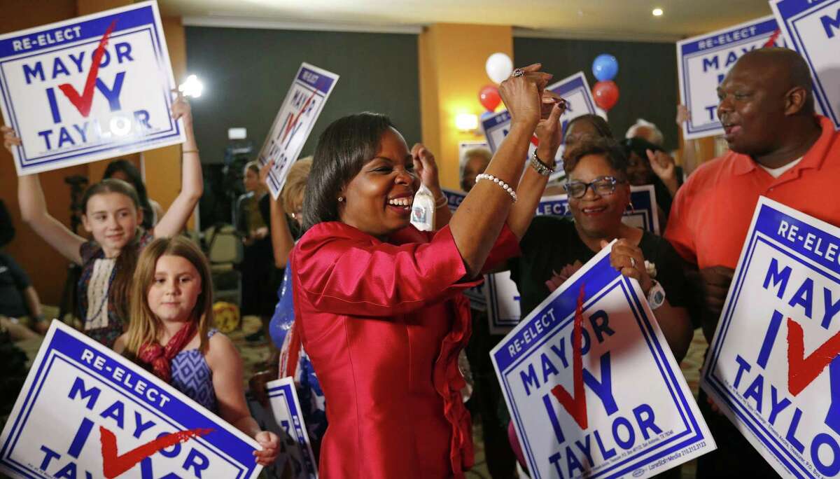 Mayor Ivy Taylor dances with supporters after being interviewed at a watch party held Saturday May 6, 2017 at at the Wyndam Garden San Antonio Riverwalk Museum Reach Hotel.