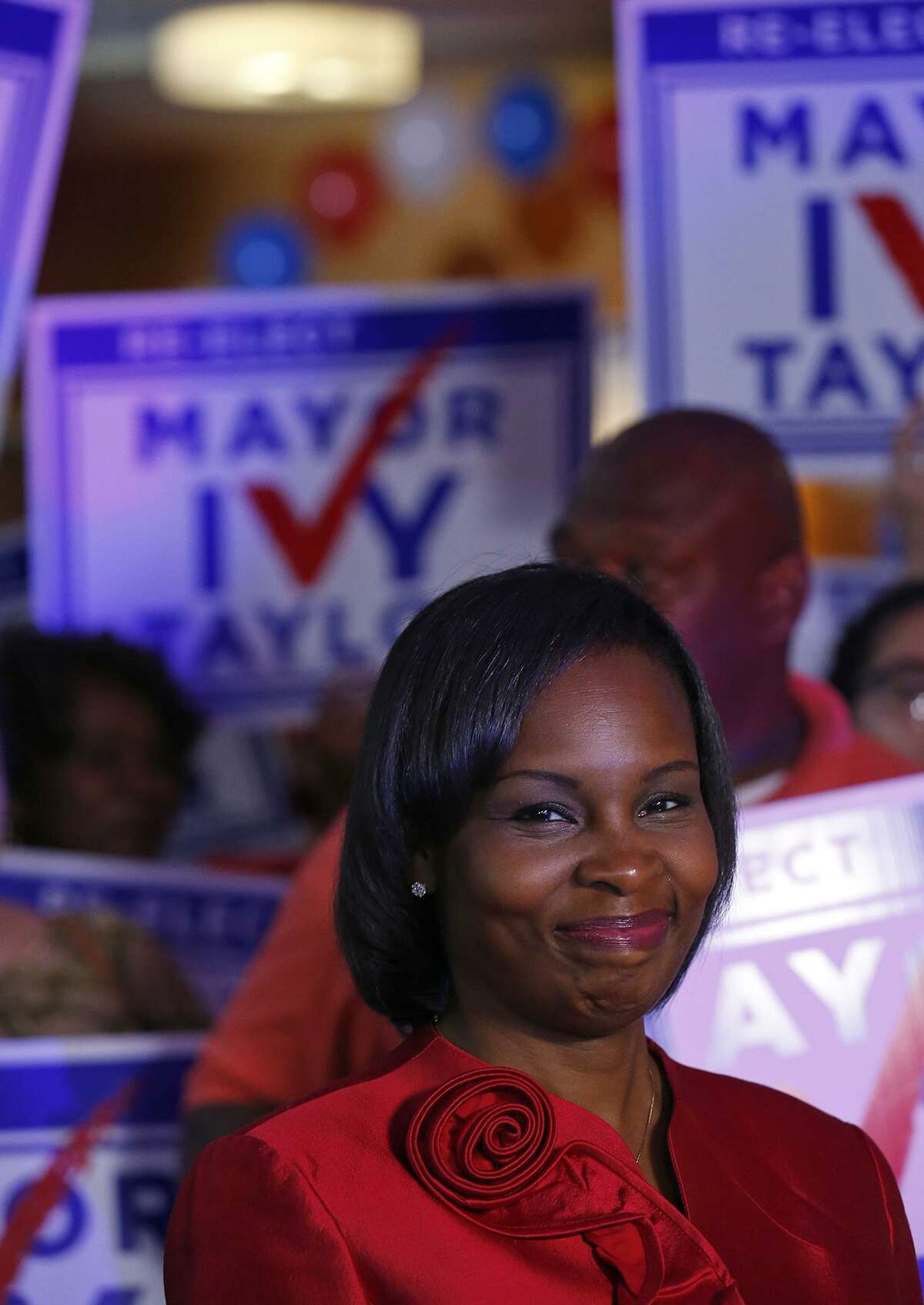 Mayor Ivy Taylor pauses before being interviewed at a watch party May 6, 2017, after she came in first in the election but she faces a runoff against Councilman Ron Nirenberg.
