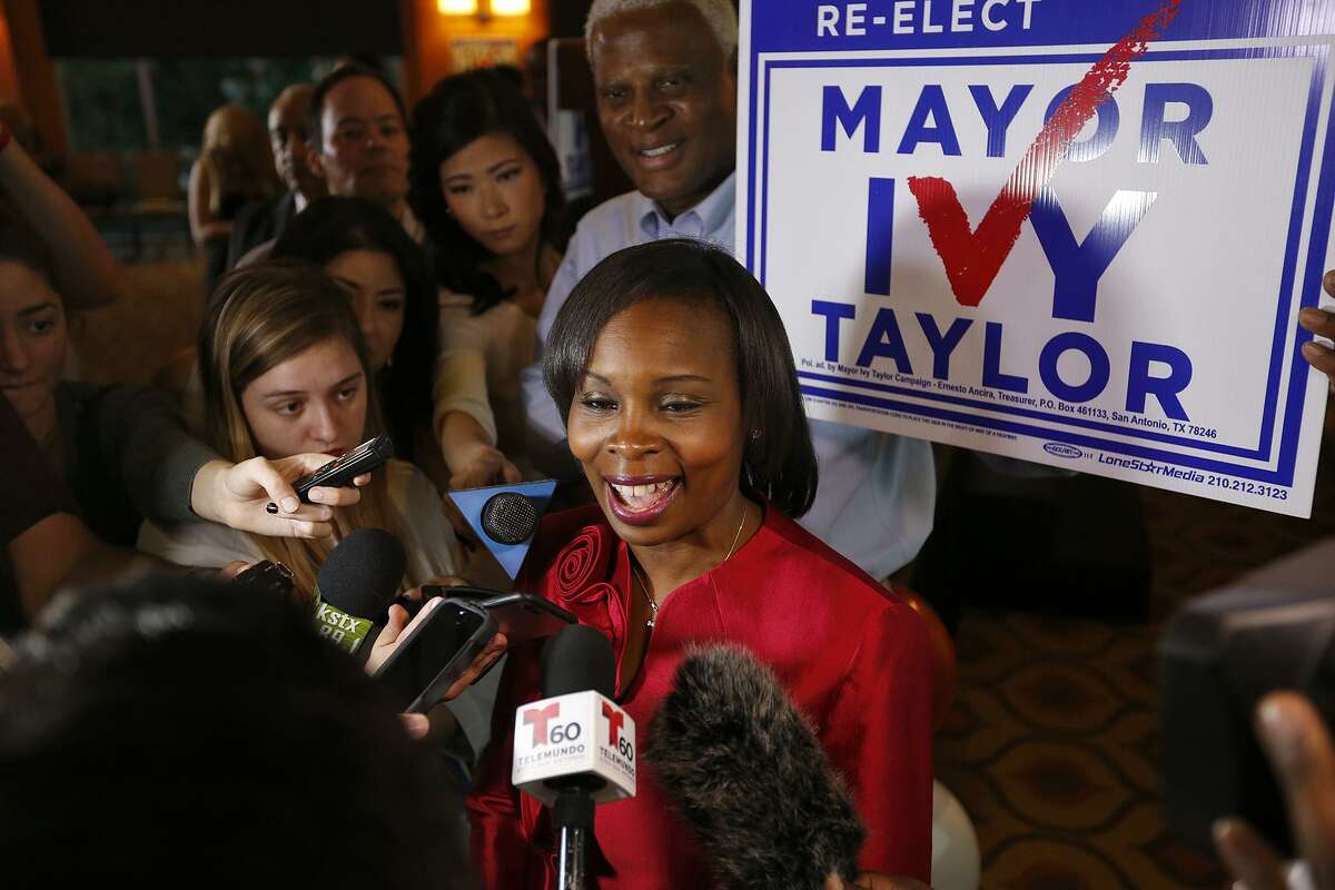Mayor Ivy Taylor answers questions from the media at a watch party held Saturday May 6, 2017 at at the Wyndam Garden San Antonio Riverwalk Museum Reach Hotel.