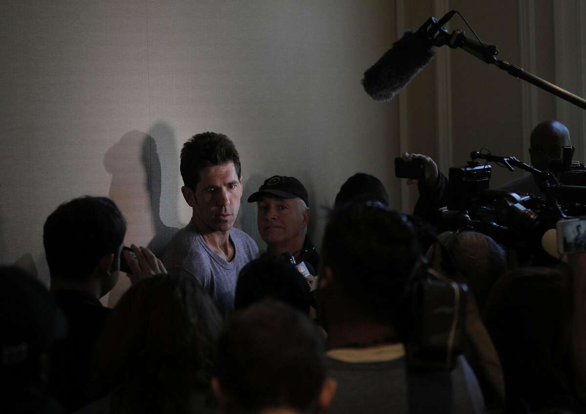 Warriors General Manager Bob Myers answers questions about Head Coach Steve Kerr's condition to the media the day after the Golden State Warriors defeated the Utah Jazz 102-91 at Vivint Smart Home Arena in Salt Lake City, Utah, on Sunday, May 7, 2017, in Game 3 of the 2017 Western Conference Semifinals.