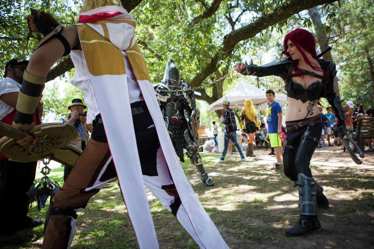 Megan Kehoe, 22, takes offensive position cosplaying as Katarina at the Hermann Park during the Japanese Festival of Houston, Sunday, May 7, 2017.