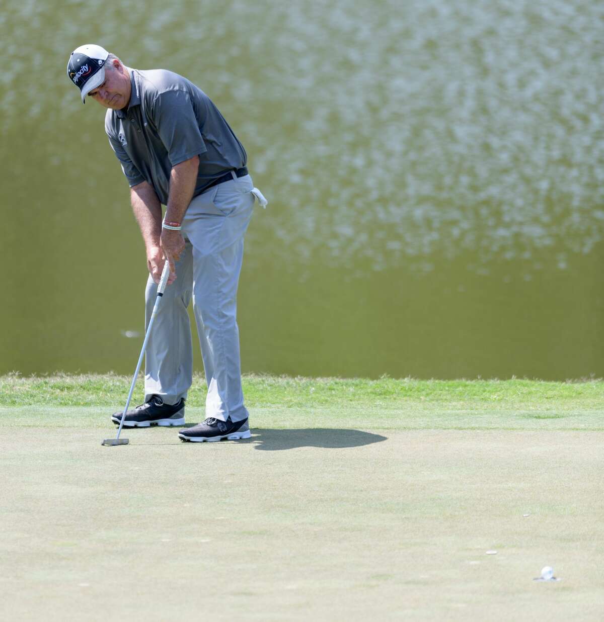 Kenny Perry sinks his putt on the 14th green during the third round of the Insperity Invitational on Sunday, May 7, 2017 at The Woodlands Country Club Tournament Course in The Woodlands Texas.
