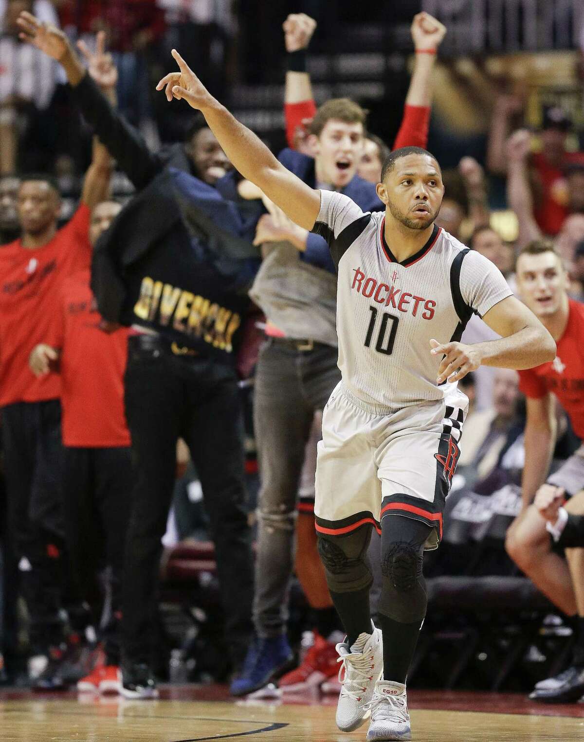 Rockets guard Eric Gordon reacts making a 3-point basket during the second half in Game 4 against theAntonio Spurs on May 7, 2017, in Houston.