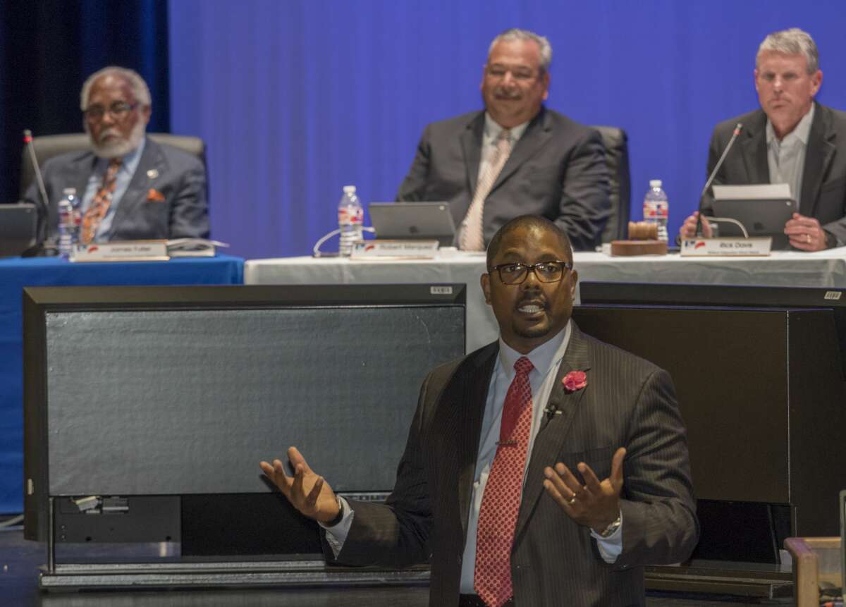 Orlando Riddick, MISD newly announced superintendent, speaks to teachers, administration and parents 5/08/17 following the school board unanimously voting him the lone candidate for the position. Tim Fischer/Reporter-Telegram