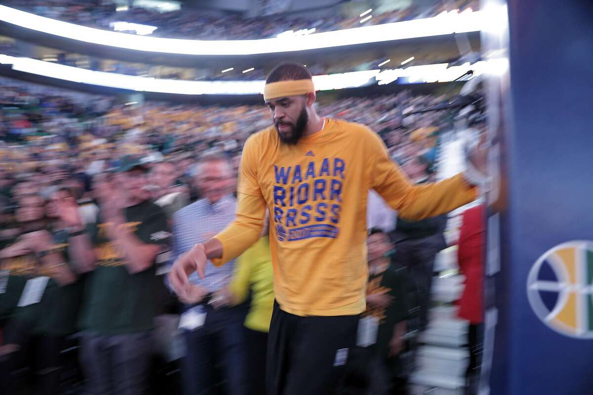 JaVale McGee (1) completes his pre-game ritual of running behind the stanchion by climbing around through the stands before the Golden State Warriors played the Utah Jazz at Vivint Smart Home Arena in Salt Lake City, Utah, on Monday, May 8, 2017, in Game 4 of the 2017 Western Conference Semifinals. The