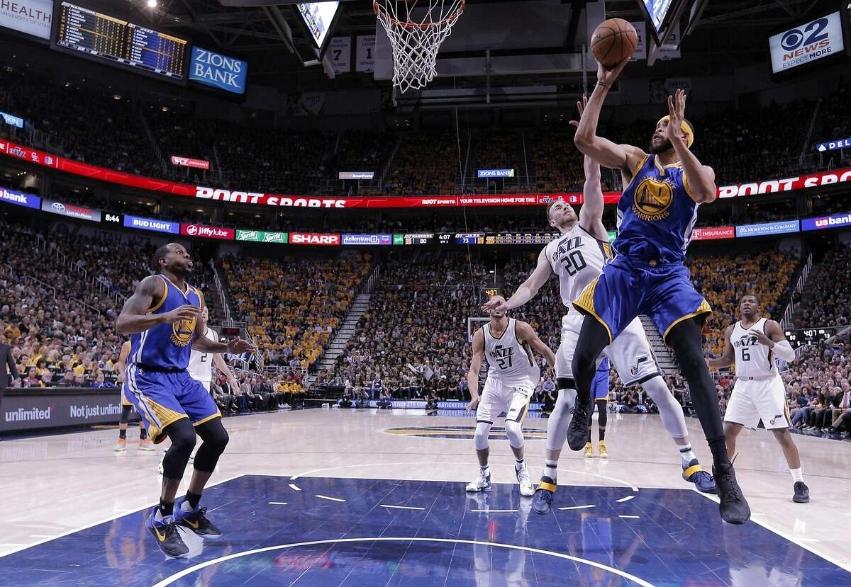 JaVale McGee (1) shoots in the second half as the Golden State Warriors played the Utah Jazz at Vivint Smart Home Arena in Salt Lake City, Utah, on Monday, May 8, 2017, in Game 4 of the 2017 Western Conference Semifinals. The Warriors defeated the Jazz 121-95 to sweep the series and advance to the Western Conference Finals