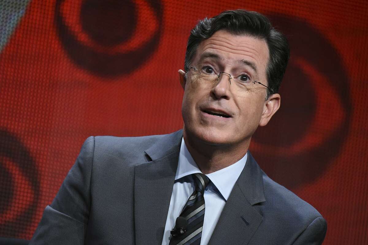 FILE - In this Aug. 10, 2015, file photo, Stephen Colbert participates in "The Late Show with Stephen Colbert" segment of the CBS Summer TCA Tour in Beverly Hills, Calif. Colbert says he has no regrets about insulting President Donald Trump in a monologue that included a crude sexual reference and prompted calls to fire him and boycott “Late Show” advertisers. In his Wednesday, May 3, 2017, monologue, Colbert says he would change “a few words that were cruder than they needed to be” but he’d still do it again. (Photo by Richard Shotwell/Invision/AP, File)