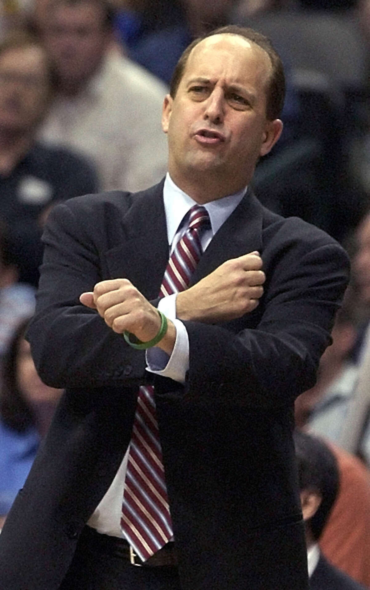 Houston Rockets coach Jeff Van Gundy looks for a foul call during the second quarter against the Dallas Mavericks in Dallas, April 23, 2005. The Rockets won 98-86. (AP Photo/LM Otero)
