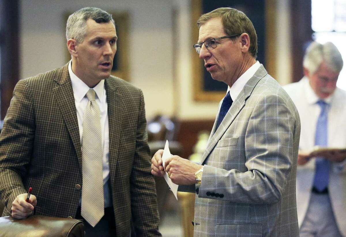 State Rep. Byron Cook, R-Corsicana, (right) talks with Rep. Matt Schaefer R-Tyler, as the bathroom bill is discussed during the regular session in May. The bill, which failed in the regular session, is once again under consideration in the special session. Cook, chair of the committee that will hear the bill, said Wednesday that he doesn’t support the measure but will give it a hearing