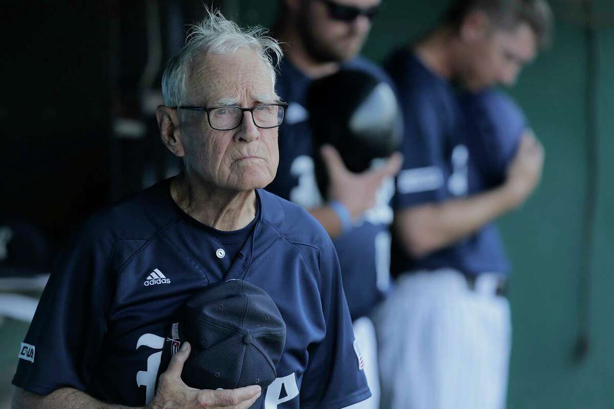 Rice University baseball coach Wayne Graham listens to the National Anthem before playing Houston at Constellation Field on Tuesday, May 9, 2017, in Sugar Land.