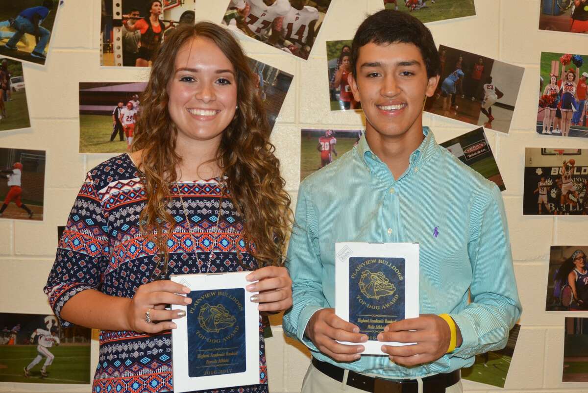 The Top Academic Award for boys and girls was presented to Macey Mayberry, left, and Isaiah Garcia at the Plainview High School Sports Awards Banquet at Laney Center Tuesday night. Mayberry played softball and Garcia was on the boys' golf team.