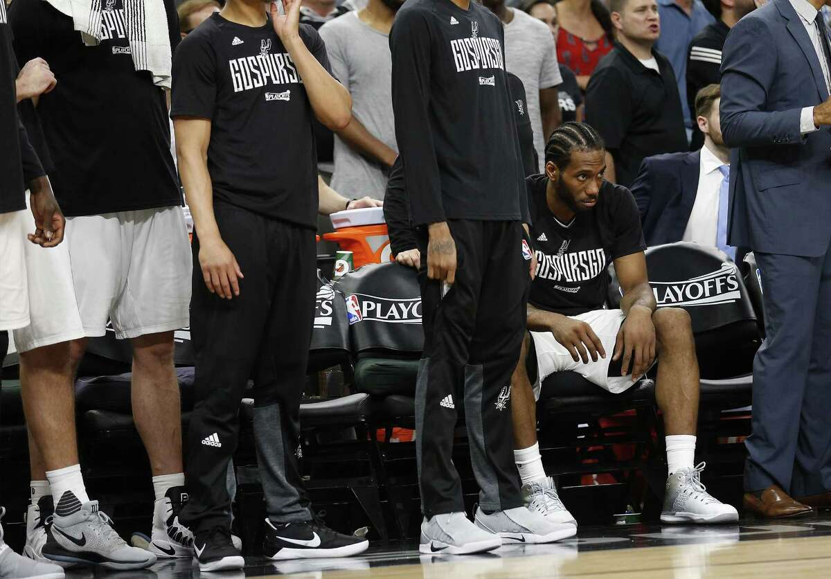 Spurs’ Kawhi Leonard, nursing knee and ankle injuries, sits out the final portion of Game 5 against the Houston Rockets in the Western Conference semifinals at the AT&T Center on May 9, 2017. Spurs defeated the Rockets 110-107.