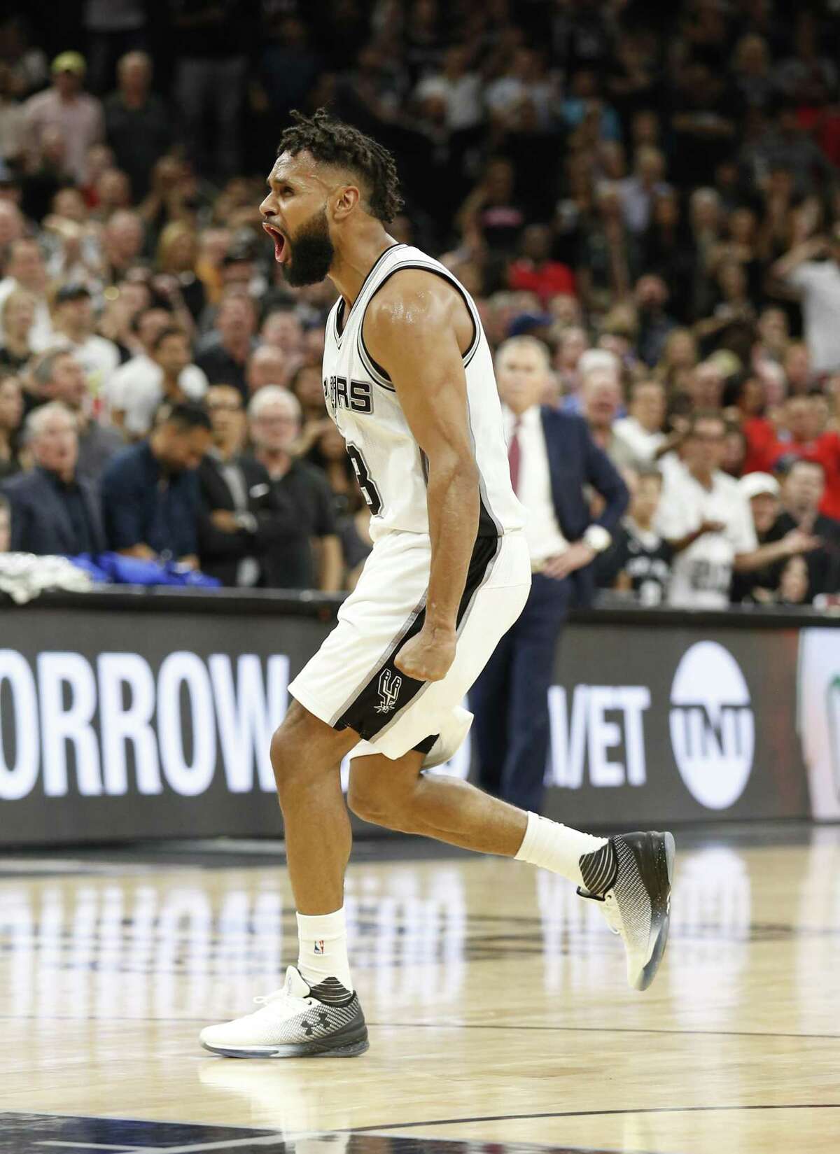 Spurs’ Patty Mills reacts after a big play during Game 5 against the Rockets at the AT&T Center on May 9, 2017.