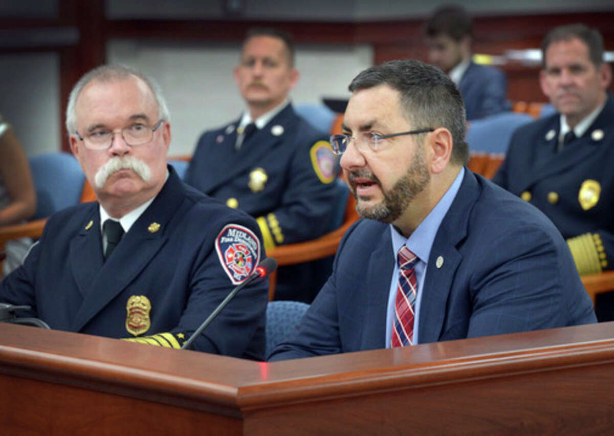 Sen. Jim Stamas, R-Midland, joined Midland Fire Department Chief Chris Coughlin in telling the Senate Regulatory Reform Committee on April 26 about the need to pass Senate Bills 264-265 to update Michigan's firefighter training standards, which have not been updated in more than 30 years.