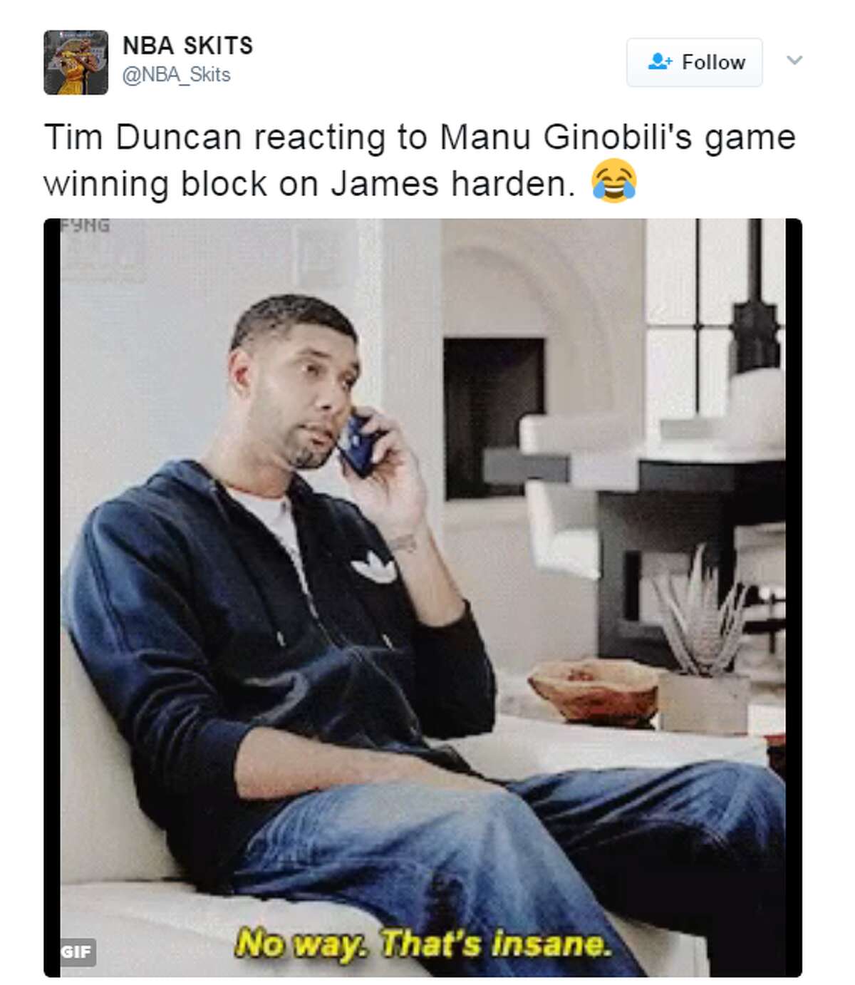 "Tim Duncan reacting to Manu Ginobili's game winning block on James harden," @NBA_Skits.