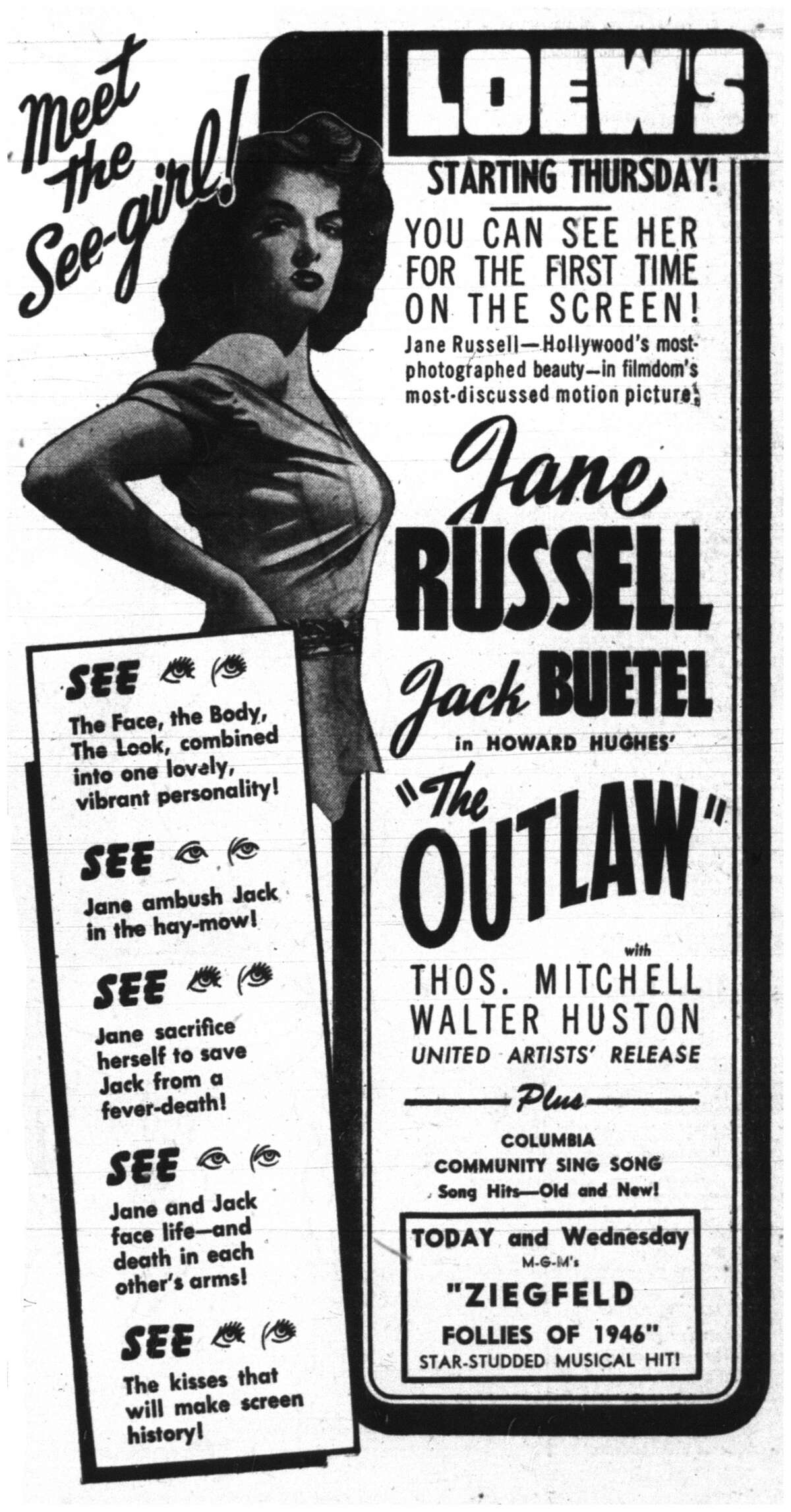 Newspaper advertisement for "The Outlaw" days before its Houston debut.