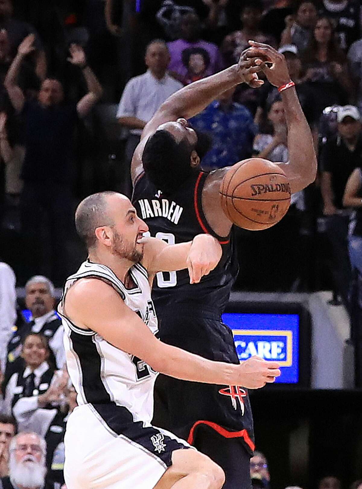 Frame-by-frame look at Manu Ginobili's vicious block on James Harden in OT