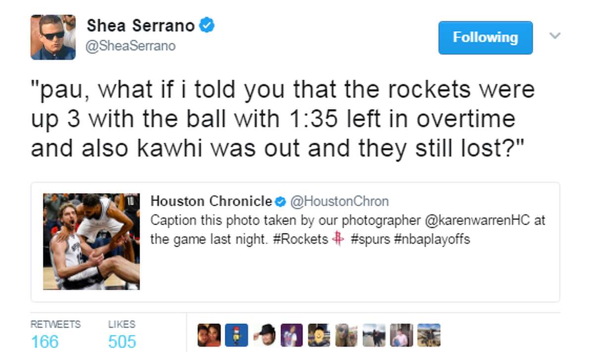 @SheaSerrano: "pau, what if i told you that the rockets were up 3 with the ball with 1:35 left in overtime and also kawhi was out and they still lost?"