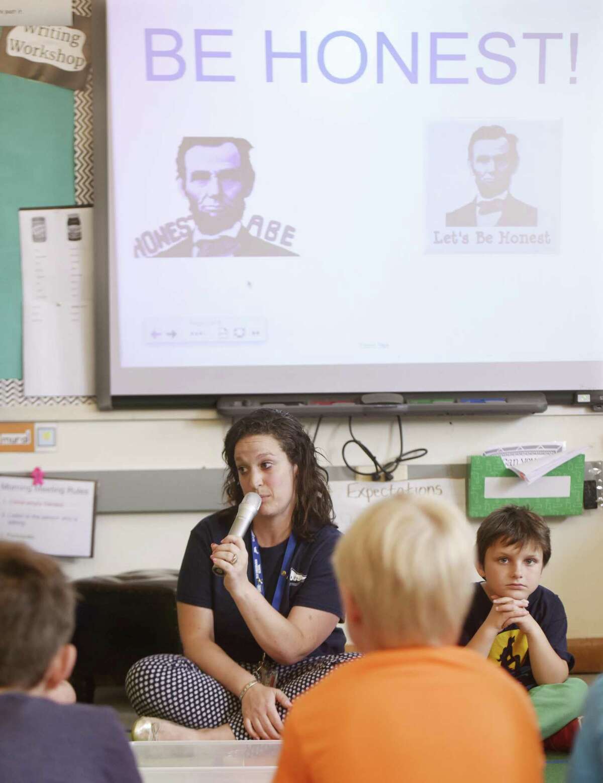 Tracy Martineau teaches a lesson on honesty to her third-grade class at Old Greenwich School in Old Greenwich, Conn. Wednesday, May 10, 2017. "Be Honest, Character Matters" is a common initiative across grade levels to teach students the importance of being honest and taking responsibilities for one's actions.