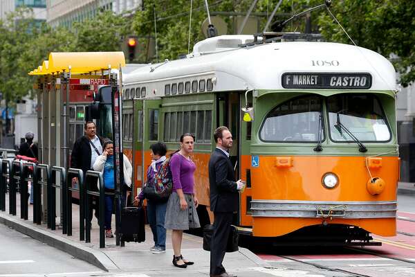 A Muni F-Market streetcar stops at Fifth and Market streets in San Francisco, Calif. on Wednesday, May 10, 2017. A biennial survey of San Francisco residents conducted by the city gives Muni an overall B- grade.