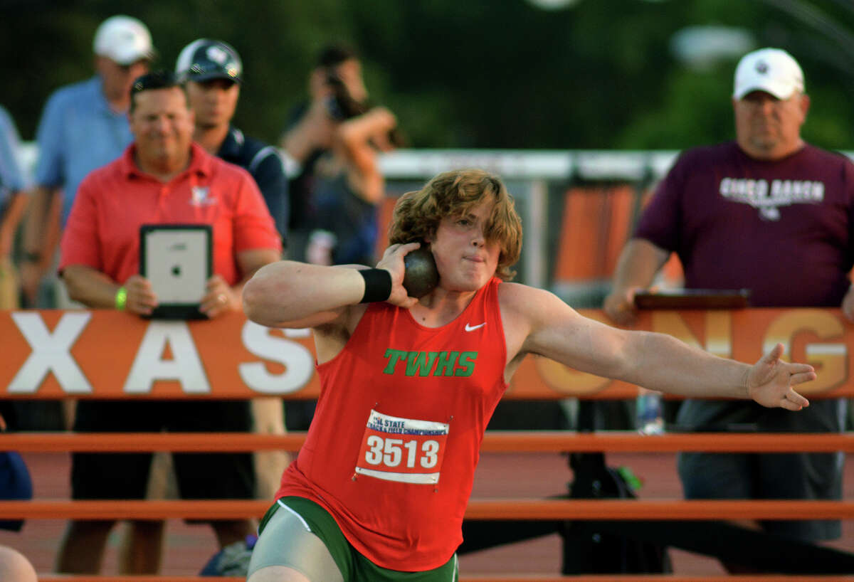 The Woodlands senior Adrian Piperi makes his gold-medal winning throw in the Boys Shot Put competition at the UIL Track & Field Championships at Mike R. Meyers Stadium on the campus of The University of Texas at Austin on Friday, May 13, 2016. (Photo by Jerry Baker/Freelance)