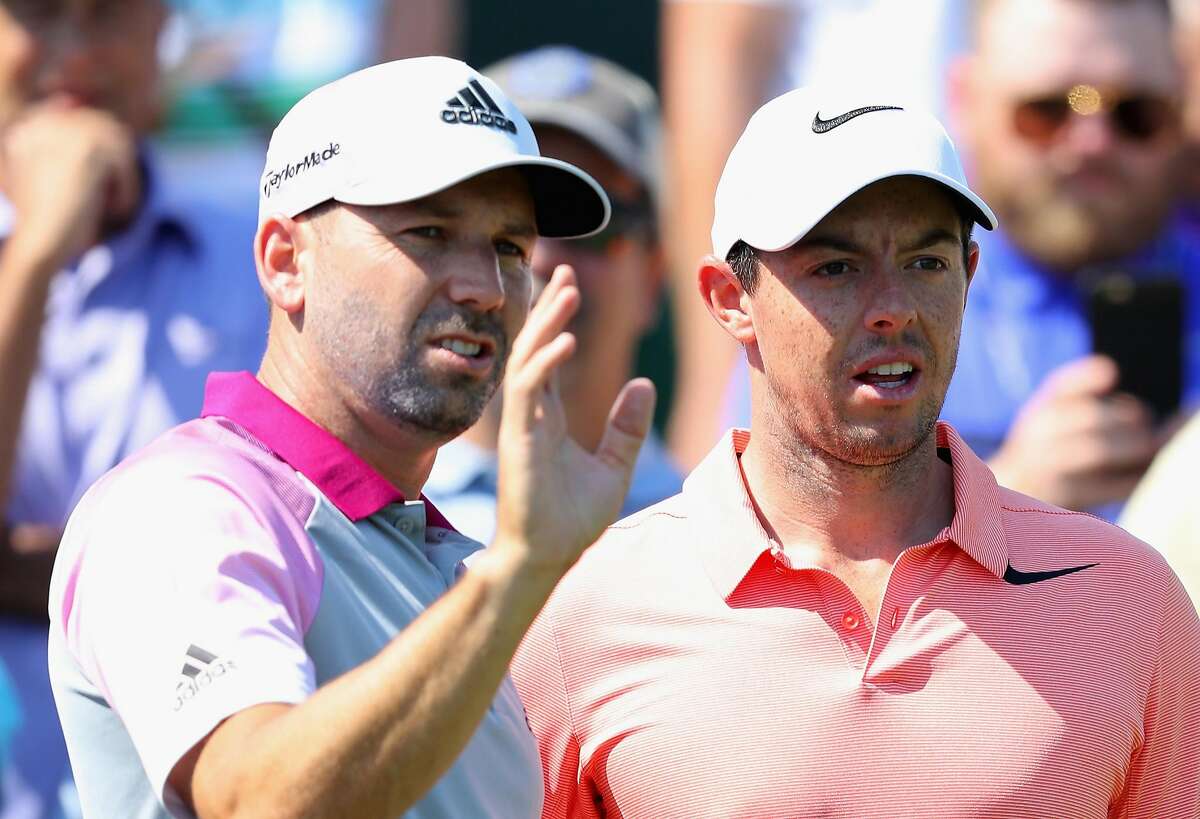 PONTE VEDRA BEACH, FL - MAY 10: Sergio Garcia of Spain chats to Rory McIlroy of Northern Ireland during a practice round ahead of THE PLAYERS Championship on the Stadium Course at TPC Sawgrass on May 10, 2017 in Ponte Vedra Beach, Florida. (Photo by Warren Little/Getty Images)