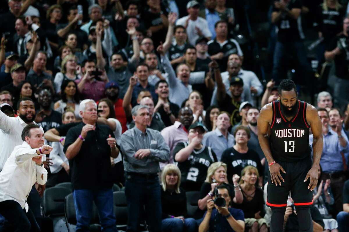 No, James Harden isn't taking a bow for the Spurs fans during Game 5. Rather, he's mulling a missed shot, one of many by him and his Rockets teammates.
