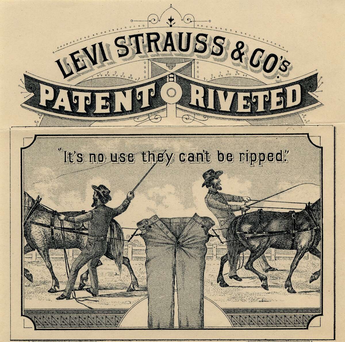 Early 1900s: ÒThis is an early example of the Two Horse trademark that Levi Strauss & Co. created in 1886, placing it the inside pocket and later on the leather patch above the back right pocket of the 501¨ pants,Ó said Panek. ÒThe Two Horse symbolized the strength of the riveted clothing.Ó