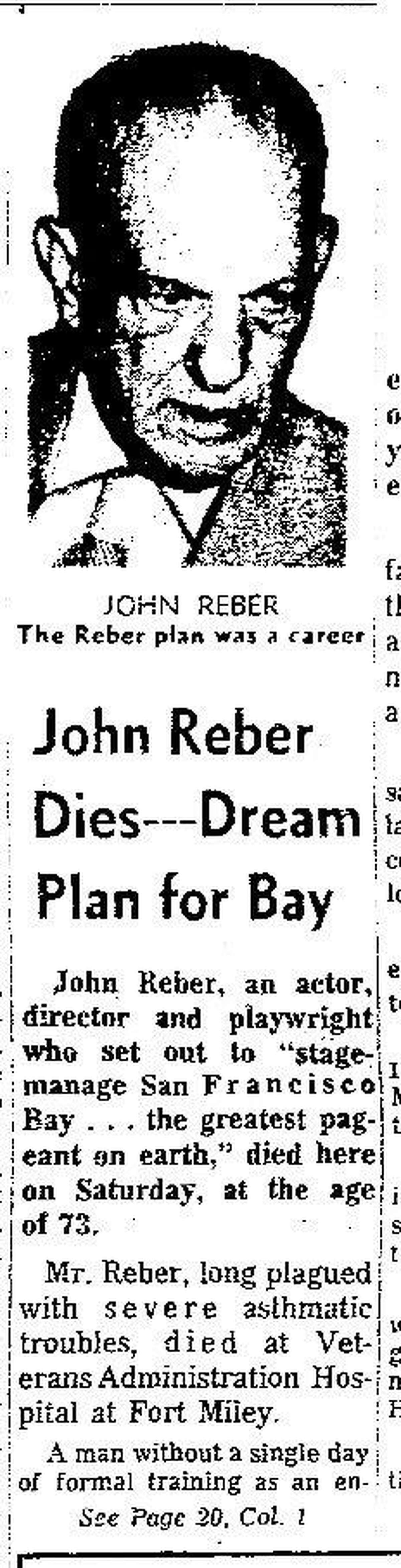 The San Francisco Chronicle obituary for John Reber ran Oct. 17, 1960.
