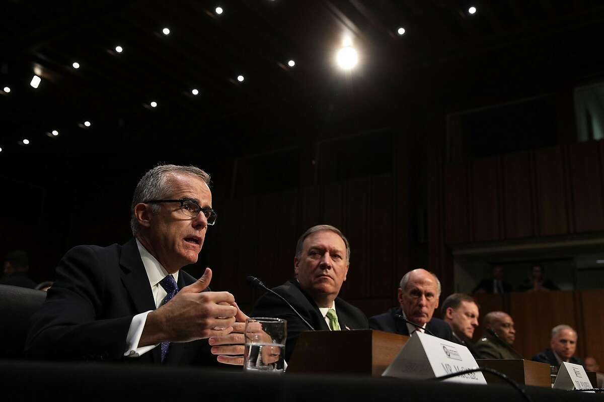 WASHINGTON, DC - MAY 11: The heads of the United States intelligence agencies (L-R) Acting FBI Director Andrew McCabe, Central IntelligenceæAgency Director Mike Pompeo, Director of National Intelligence Daniel Coats, National Security Agency Director Adm. Michael Rogers, Defense Intelligence Agency Director Lt. Gen. Vincent Stewart and National Geospatial-Intelligence Agency Director Robert Cardillo testifiy before the Senate Intelligence Committee in the Hart Senate Office Building on Capitol Hill May 11, 2017 in Washington, DC. The intelligence officials were questioned by the committee during the annual hearing about world wide threats to United States' security. (Photo by Alex Wong/Getty Images)