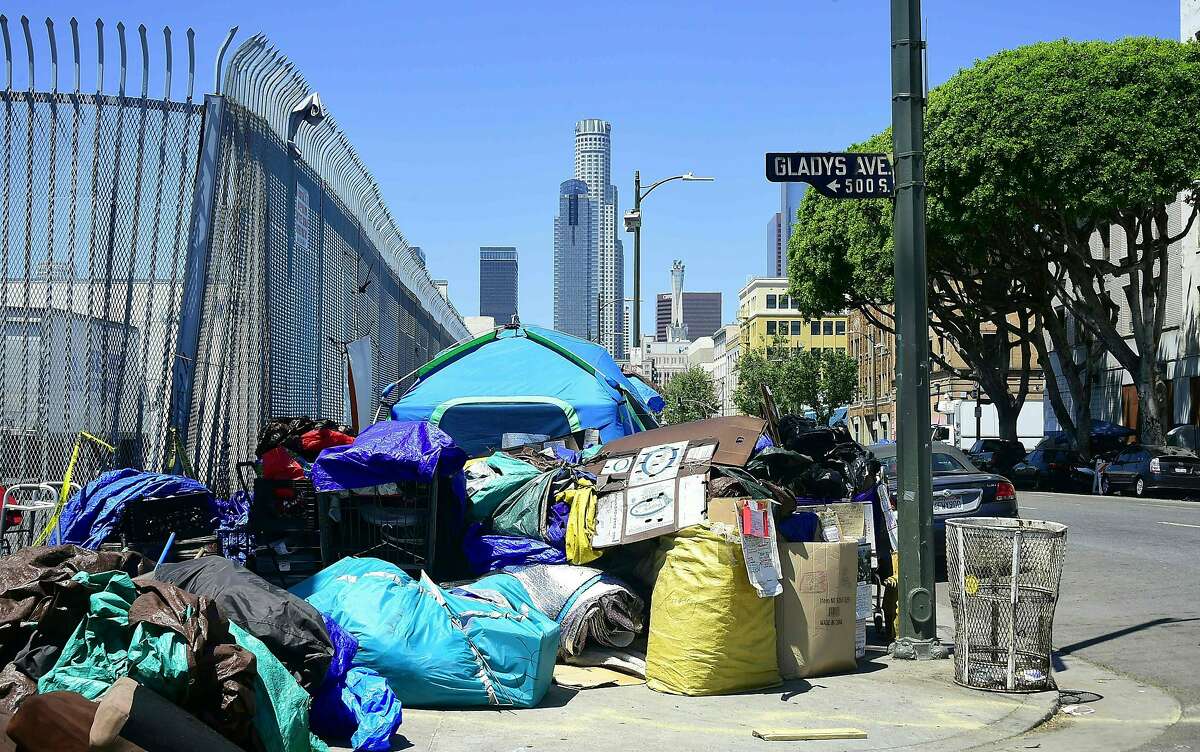 Tents housing the homeless and their belongings crowd a streetcorner in downtown Los Angeles, California on April 20, 2017, where the city's mayor, Eric Garcetti, is proposing $176 million to help combat the city's growing homeless crisis. Los Angeles is home to one of the nation's largest homeless populations. / AFP PHOTO / Frederic J. BrownFREDERIC J. BROWN/AFP/Getty Images