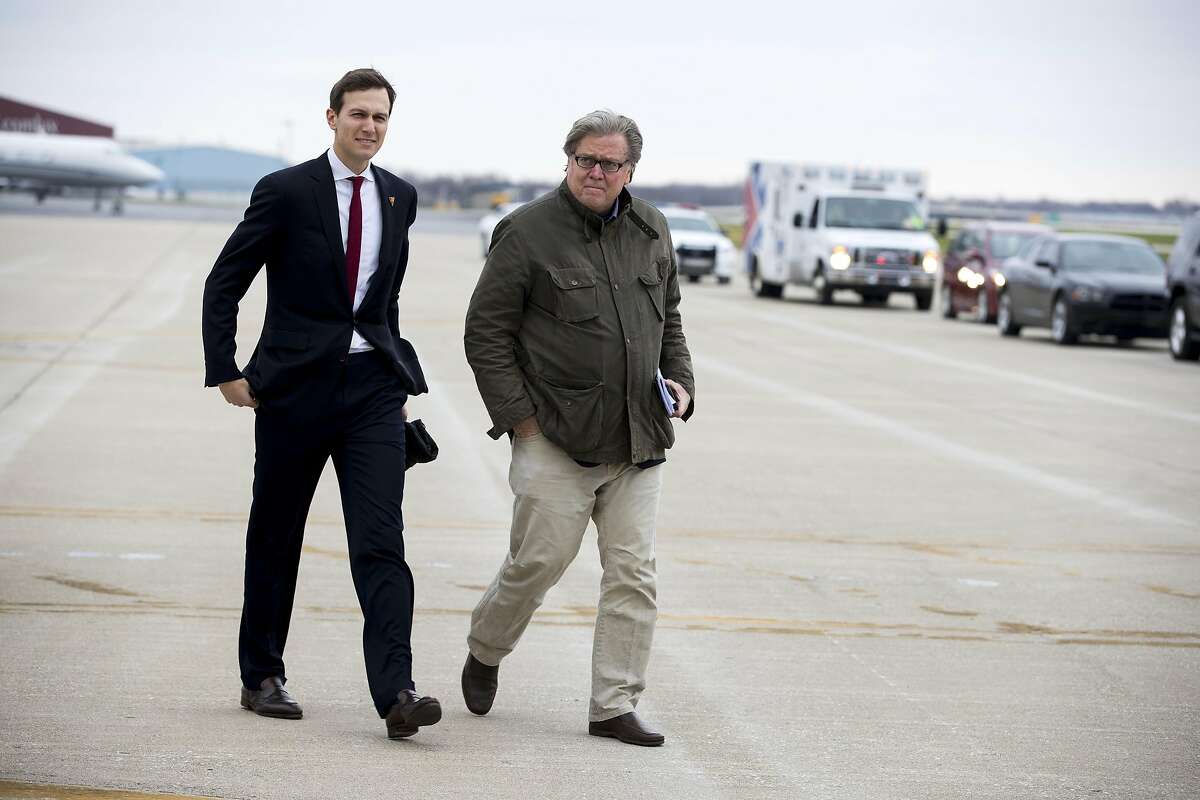 FILE-- Steve Bannon, right, then a senior strategist for President-elect Donald Trump, and Jared Kushner, Trump's son-in-law, arrive in Indianapolis for a campaign rally, Dec. 1, 2016. President Trump said on April 11, 2017, Bannon was not the chief strategist of his surprising campaign victory, distancing himself from the contentious adviser who is increasingly isolated in the White House. (Doug Mills/The New York Times)