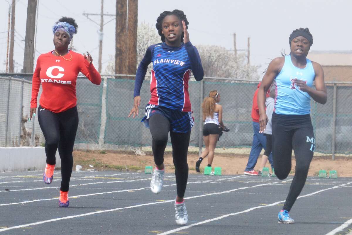 Plainview's Kaizha Roberts, center, shown leading the 100-meter dash in a meet earlier this season, will compete at the UIL Class 5A State Track and Field Championships for the fourth consecutive year. She will run the 100-meter dash, which is scheduled to start at approximately 7:15 p.m. Friday.