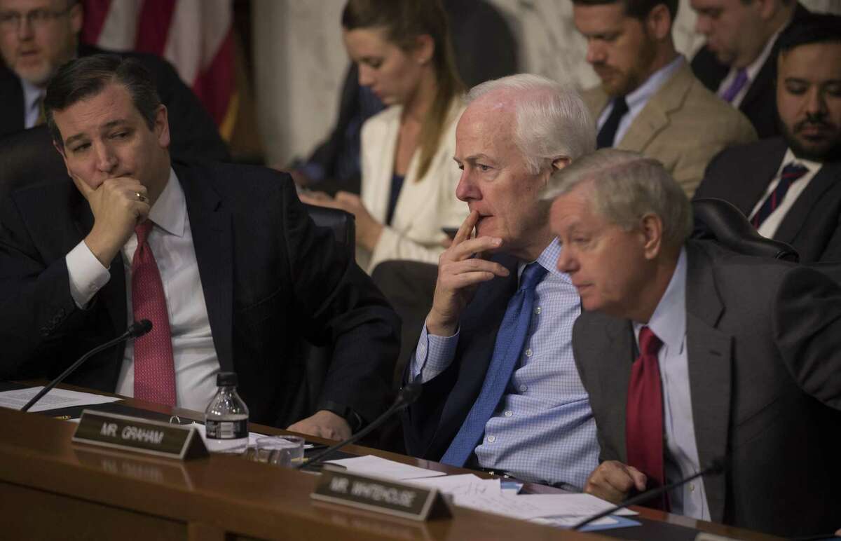 From left: Sens. Ted Cruz (R-Texas), John Cornyn (R-Texas) and Lindsey Graham (R-S.C.) during a Senate Judiciary subcommittee hearing hearing on Russia's alleged interference in last year's election, on Capitol Hill in Washington, May 8, 2017. Sally Yates, the former acting attorney general, and James Clapper, the former director of national intelligence, appeared before the committee. (Stephen Crowley/The New York Times)