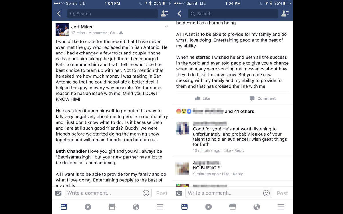 In a now-deleted Facebook post, former KCYY-FM (Y100) morning personality Jeff Miles called out his successor, J.R. Jaus, accusing him of "messing with" his family.