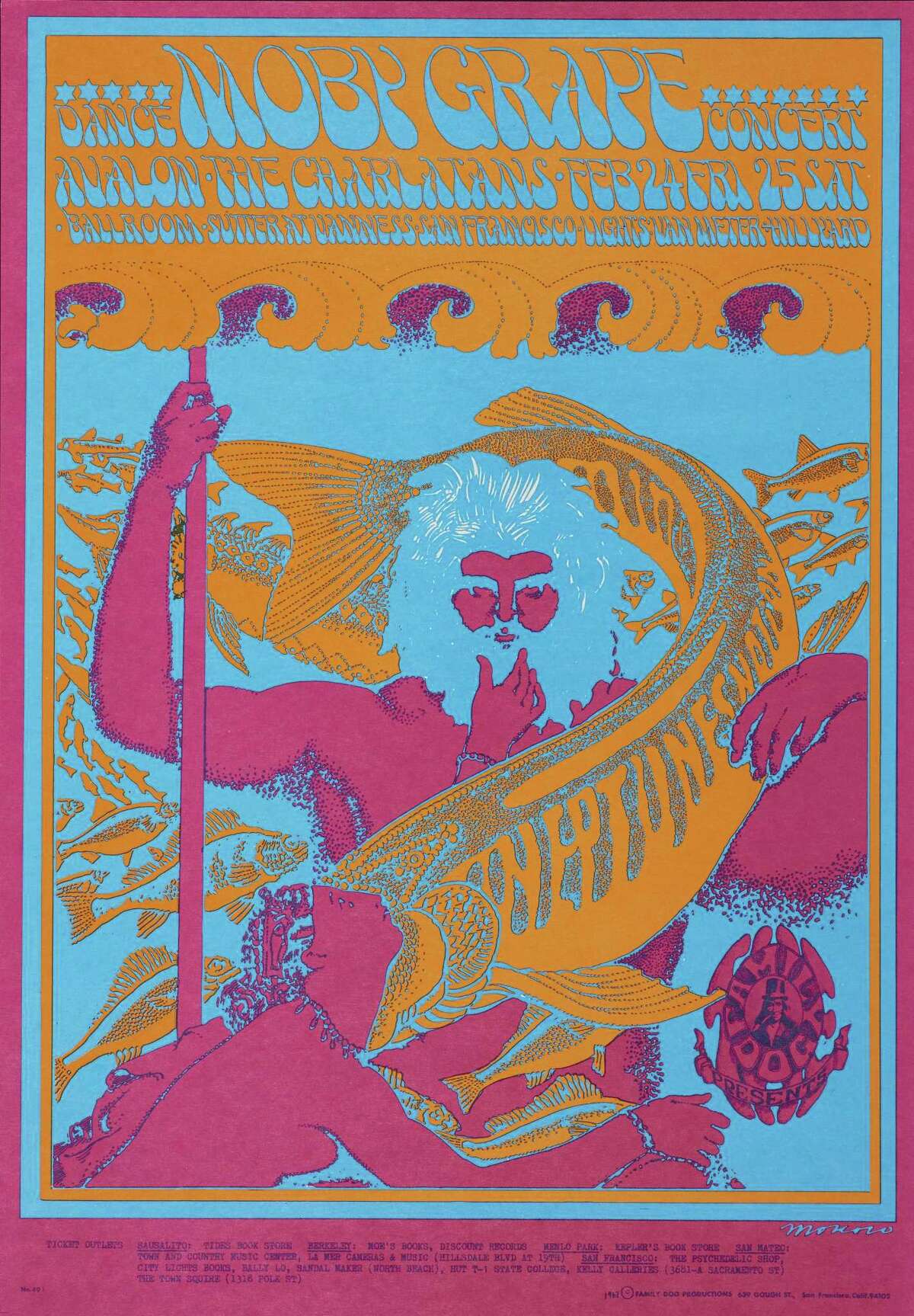 Victor Moscoso, "'Neptune's Notions,' Moby Grape, The Charlatans, February 24 & 25, Avalon Ballroom" (1967). Color offset lithograph poster. © Rhino Entertainment Company. On view at de Young Museum, Summer of Love: Art, Fashion, and Rock & Roll, April 8 - Aug. 20, 2017 Image Courtesy of the Fine Arts Museums of San Francisco